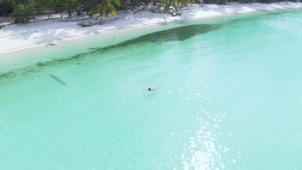 飞越女性在碧绿透明的海水热带加勒比海游泳未受污染的白沙海滩瓦布凯群岛摩鹿卡印度尼西亚 — 图库视频影像