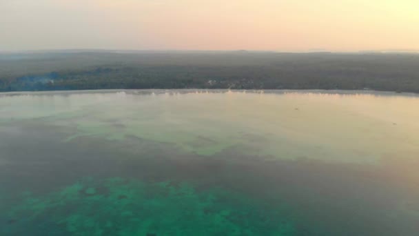 未受污染的海岸线海滩日落在奥洛伊德塔文基群岛马鲁库印度尼西亚棕榈树森林珊瑚礁低潮 — 图库视频影像