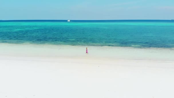 Aerial Slow Motion Woman Walking White Sand Tropical Beach Turquoise — Stock Video