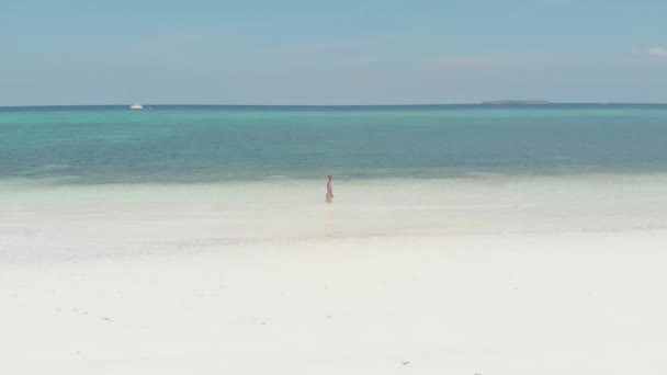 空中スローモーション 白い砂浜の上を歩く女性は 白い砂浜ターコイズウォーターサンゴ礁パシルパンジャンケイ諸島マルクモルッカス諸島インドネシア ネイティブシネのようなD Logカラープロファイル — ストック動画