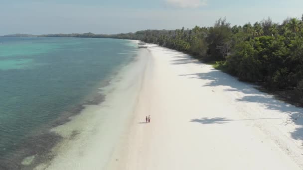 Aerial Couple Walking White Sand Tropical Beach Turquoise Water Coral — Stock Video