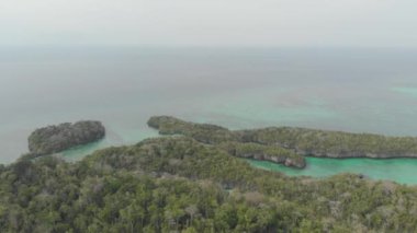 Hava: Bair Adası mini Raja Ampat Endonezya Moluccas Kei Adaları seyahat hedef tropikal deniz bozulmamış kıyı şeridi yağmur ormanları turkuaz lagün üzerinde uçan. Yerli cinelike D-log renk profili