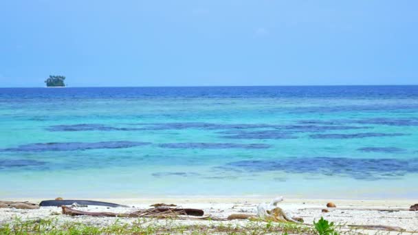日当たりの良い熱帯ビーチカリブ海ヤシの木は プラウ テイリャナ バニャク諸島 スマトラ インドネシアのターコイズブルーの水白い砂の海岸線 — ストック動画