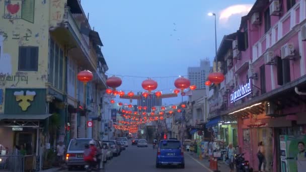 マレーシア マレーシア 2019年2月頃 マレーシア マレーシア ユネスコ世界遺産都市の通りに中国の新年の赤い提灯 — ストック動画