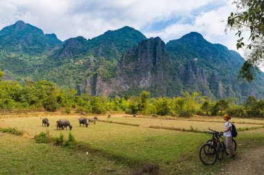 Dağ bisikleti süren kadın, toprak yolda Vang Vieng 'in çevresindeki manzaralı arazide Laos Asya kaya zirveleri yeşil vadide geziyor.