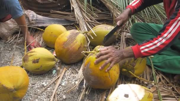 Onherkenbaar Indonesische Man Peeling Snijden Gele Kokosnoot Met Machete Mes — Stockvideo