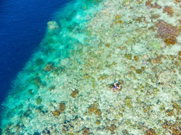 Aerial uppifrån och ned Visa korallrev tropiska Karibiska havet, turkosblått vatten. Indonesien Moluckerna skärgård, Banda öarna, Pulau Hatta. Topp turist resmål, bästa Dykning Snorkling. — Stockfoto