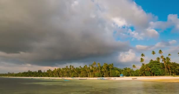 Tidsforfall: Solnedgang over tropiske, karibiske hav, fargerike dramatiske skyer, palmetrær i bevegelse. Kei Islands Maluku Indonesia Reisemål – stockvideo