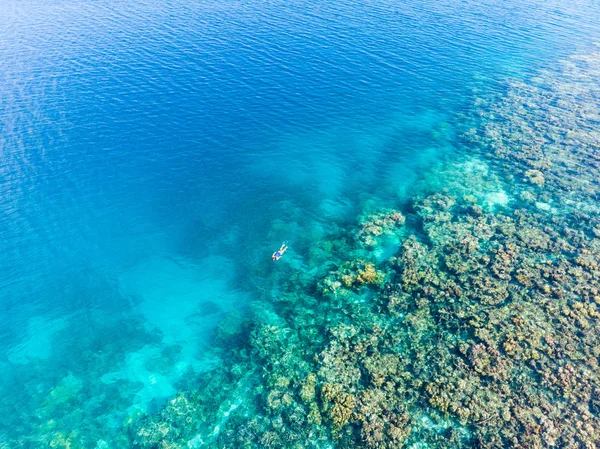 Gente aérea de arriba abajo haciendo snorkel en el arrecife de coral mar tropical caribeño, agua azul turquesa. Indonesia archipiélago de Wakatobi, parque nacional marino, destino turístico de viaje de buceo — Foto de Stock