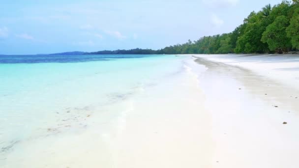 慢动作 Pov 走在白色沙滩加勒比海碧绿海水阳光明媚的热带海岸线田园诗般的没有人在帕西尔潘扬基群岛 印度尼西亚莫卢卡斯马鲁古 印度尼西亚 — 图库视频影像