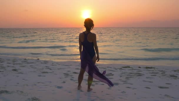 Cámara Lenta Mujer Viendo Atardecer Playa Arena Cielo Romántico Ondeando — Vídeos de Stock