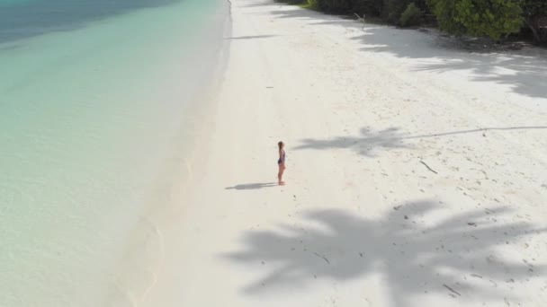 Antenne Frau Entspannt Sich Weißen Sandstrand Türkisfarbenes Wasser Tropische Küste — Stockvideo