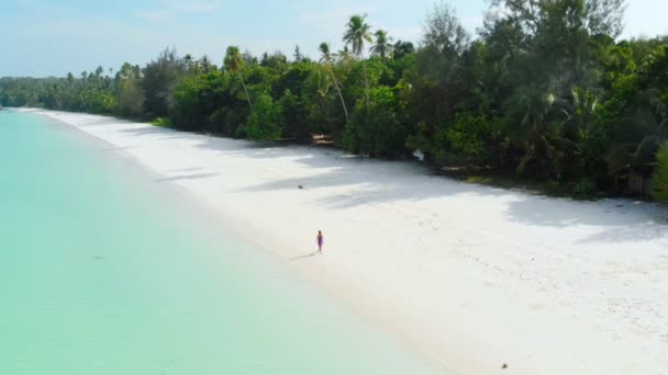 空中慢动作 妇女走在白沙滩上绿松石水热带海岸线帕西尔潘扬基群岛印度尼西亚莫卢卡斯马鲁库印度尼西亚风景旅游目的地 — 图库视频影像