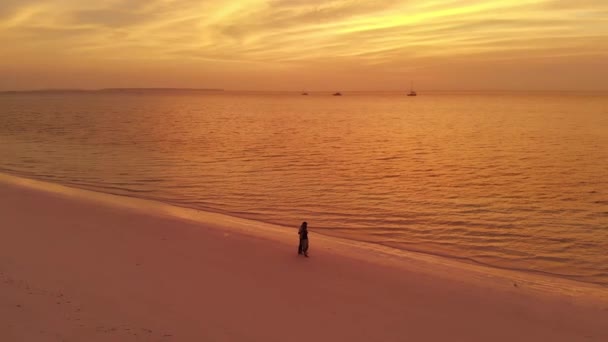 Cámara Lenta Aérea Pareja Vacaciones Caminando Por Playa Exótica Romántico — Vídeos de Stock