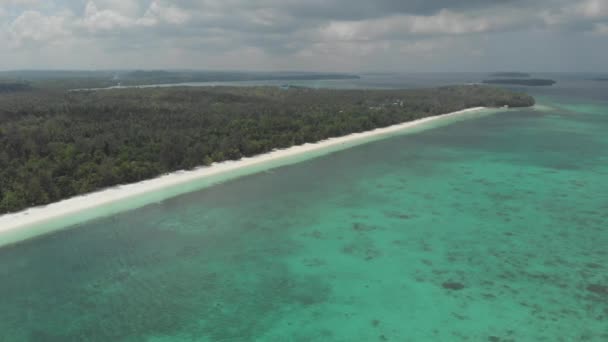 Antenn Flyga Över Tropiska Stranden Korallrev Turkos Vatten Grön Skog — Stockvideo