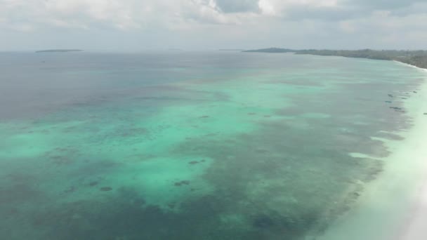Luchtfoto Vliegen Tropisch Strand Koraal Reef Turquoise Water Groen Bos — Stockvideo