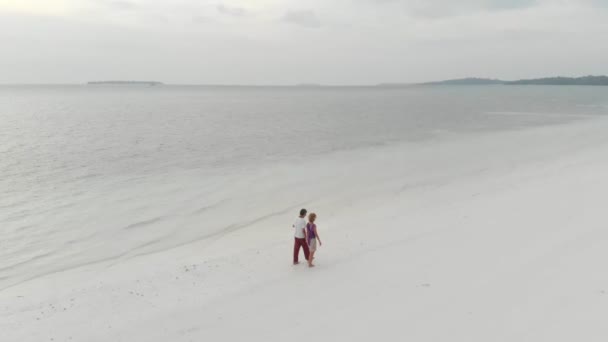 Luft Zeitlupe Paar Urlaub Fuß Auf Exotischen Strand Romantischen Himmel — Stockvideo