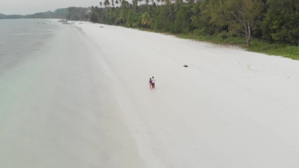 Aerial Coppia Vacanza Passeggiando Sulla Spiaggia Esotica Romantico Cielo Tramonto — Video Stock