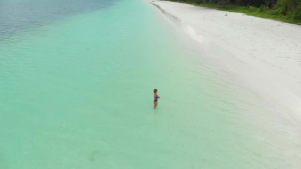 ターコイズブルーの水白い砂浜の熱帯海岸線パシルパンジャンケイ諸島インドネシアモルッカスマルクインドネシア旅行先でリラックスする女性 — ストック動画