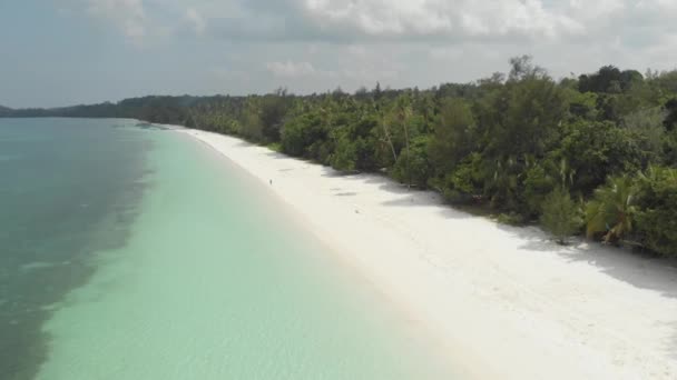 白い砂浜ターコイズ水熱帯海岸線パシルパンジャンケイ諸島インドネシアモルッカスインドネシアの風光明媚な旅行先を歩く女性 ネイティブシネのようなD Logカラープロファイル — ストック動画