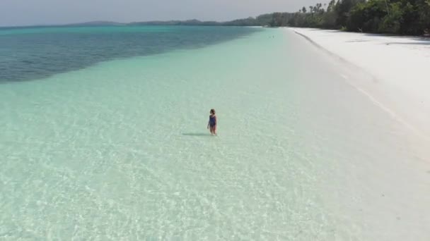 Antenne Vrouw Ontspannen Wit Zandstrand Turquoise Water Tropische Kustlijn Pasir — Stockvideo