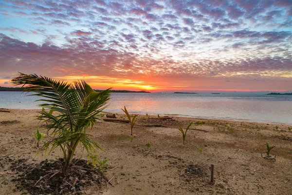 太阳升起在海面上，热带沙漠海滩上，没有人，乌云汹涌，旅游目的地印度尼西亚巴尼亚克群岛苏门答腊 — 图库照片