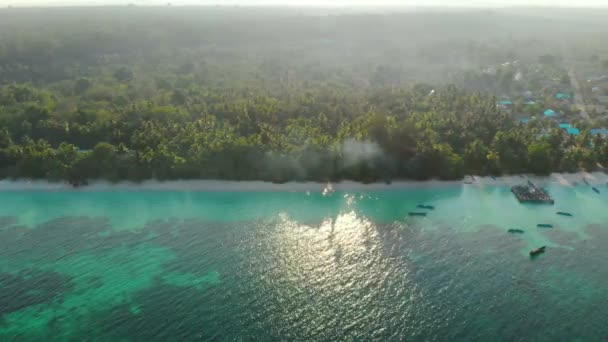 航空写真 日没風の旅行先でケイ諸島マルクインドネシアの汚染されていない海岸線熱帯ビーチカリブ海サンゴ礁ヤシの木の森林 — ストック動画