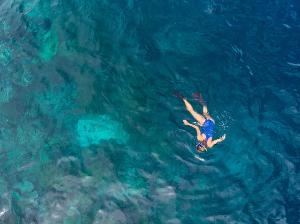 Aerial top down people snorkeling on coral reef tropical caribbean sea, turquoise blue water. Indonesia Wakatobi archipelago, marine national park, tourist diving travel destination