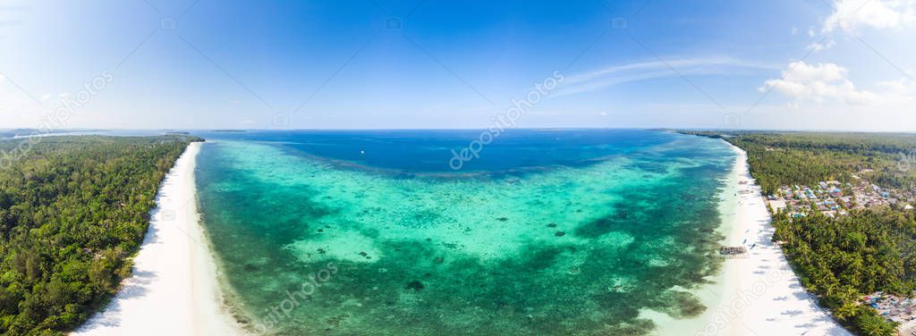 Aerial view tropical beach island reef caribbean sea. Indonesia Moluccas archipelago, Kei Islands, Banda Sea. Top travel destination, best diving snorkeling, stunning panorama.