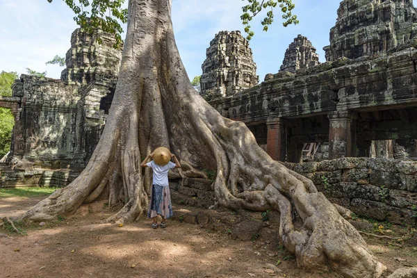 Um turista visitando Angkor ruínas em meio a selva, Angkor Wat templo complexo, destino de viagem Camboja. Mulher com chapéu tradicional, vista traseira . Imagens De Bancos De Imagens Sem Royalties