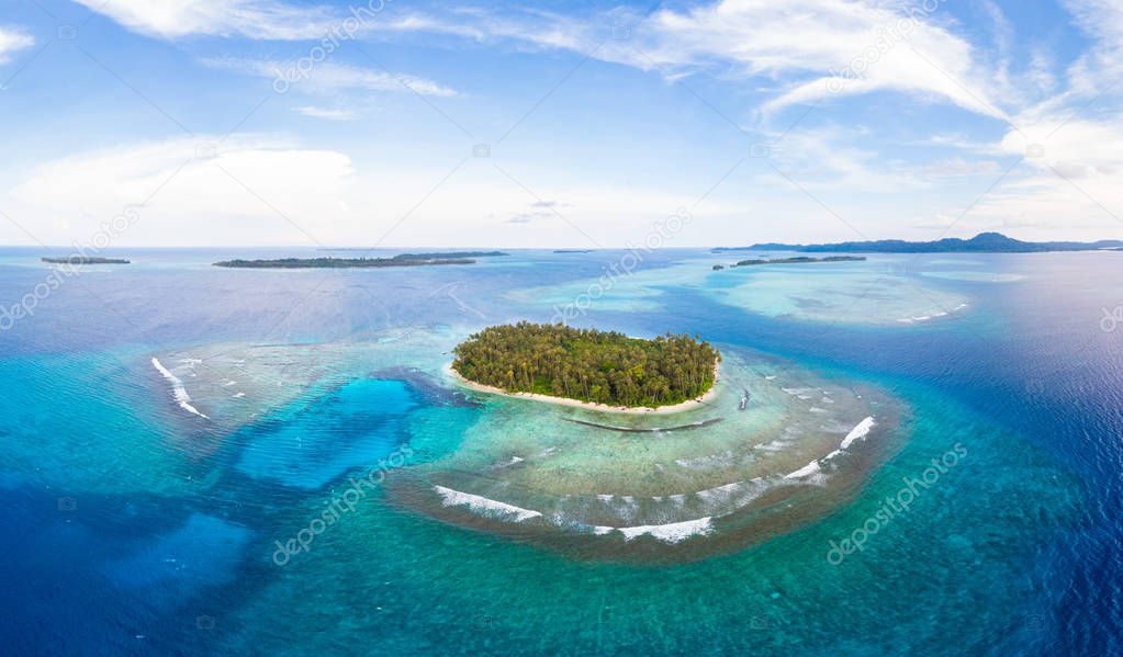 Aerial view Banyak Islands Sumatra tropical archipelago Indonesia, coral reef beach turquoise water. Travel destination, diving snorkeling, uncontaminated environment ecosystem