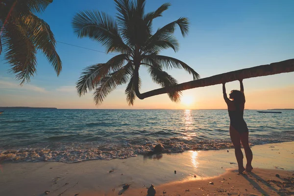 Frau entspannt sich unter Kokospalmenwedel am malerischen weißen Sandstrand, sonniger Tag, türkisfarbenes, transparentes Wasser, echte Menschen. Indonesien, kei-Inseln, Molukken maluku, wab beach — Stockfoto