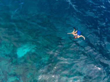 Mercan resifi tropikal Karayip denizinde şnorkelle yüzen insanlar, turkuaz mavi su. Endonezya Wakatobi takımadaları, deniz milli parkı, turist dalış merkezi