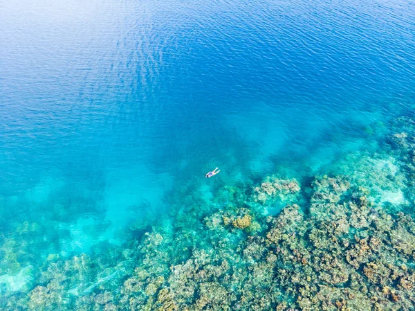 Flyg uppifrån och ner människor snorkla på korallrev tropiska karibiska havet, turkos blått vatten. Indonesien Wakatobi skärgård, marina nationalpark, turist dykning resmål — Stockfoto