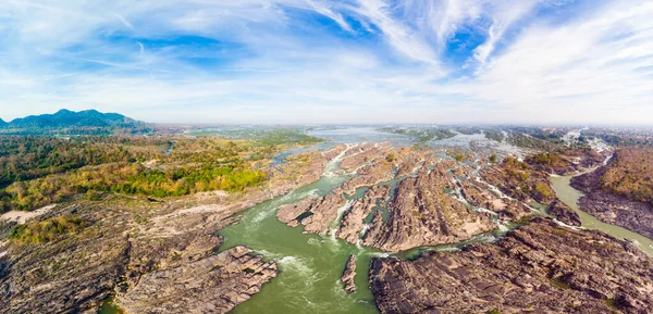 Aerial panoramic 4000 islands Mekong River in Laos, Li Phi waterfalls, famous travel destination backpacker in South East Asia. Braided stream pattern from above. — Stock Photo, Image