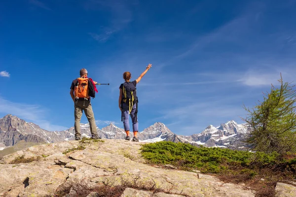 一对带背包的夫妇在山顶 两个人在观景高山景观暑假健身自由的概念 — 图库照片
