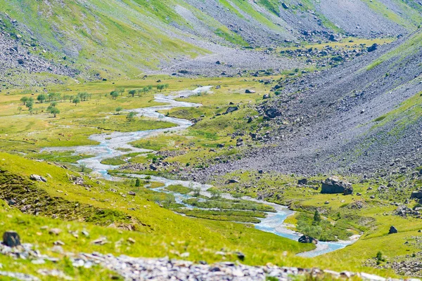 岩や緑の牧草地に囲まれた牧歌的な渓谷のアルパインストリーム 山の高高度で新鮮な水の自然貯水池 — ストック写真
