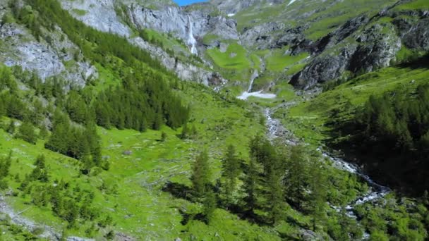 Yüksek Şelale Manzarası Üzerinde Uçuyor Yemyeşil Vadi Talyan Alpleri Ndeki — Stok video