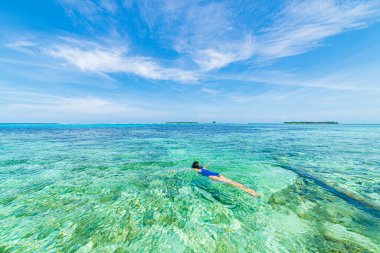 Karayiplerde şnorkelle yüzen bir kadın mercan resifi tropikal turkuaz mavi sularda. Endonezya Wakatobi takımadaları, deniz milli parkı, turist dalış merkezi