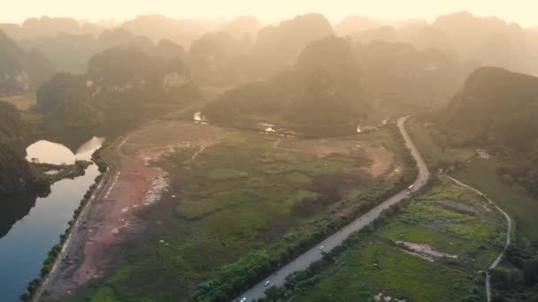 Aerial North Vietnam Karst Landscape Sunset Drone View Ninh Binh — Stock Video