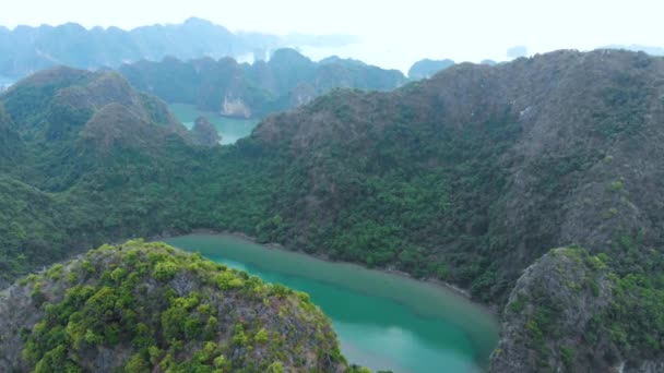 Arriba Hacia Abajo Volando Sobre Los Pináculos Rocosos Long Bay — Vídeo de stock