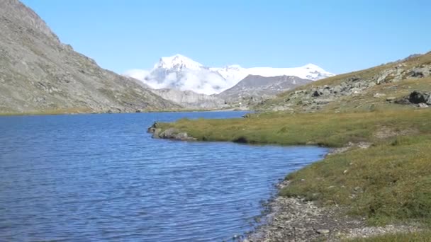 Μπλε Αλπική Λίμνη Ειδυλλιακό Περιβάλλον Ανάμεσα Βράχια Και Λιβάδια Φυσική — Αρχείο Βίντεο
