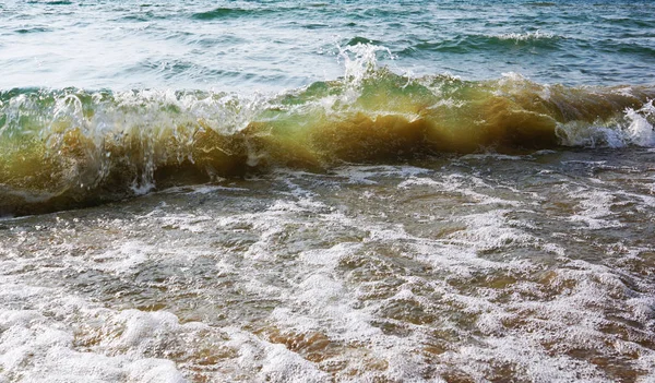 A Wave of Gentle Green Color with yellow Sand Inside, Sunlight is visible through the Water. Splash of a Beautiful yellow-green Wave. Lake Michigan