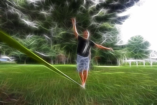 Fraktal arka plan doku. Adam ipe yürür. Bir ip cambazı üzerinde atlet. Parkta slackline ve sporcu. 