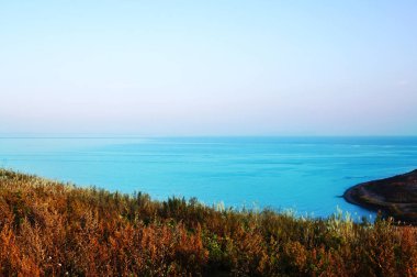Yabani ot alan deniz panorama yüksek bir tepenin üzerinden arka plan üzerinde. Turkuaz denize ve üstündeki yavaşça mor gökyüzü. Doğu Rusya, Primorsky bölge, Vladivostok