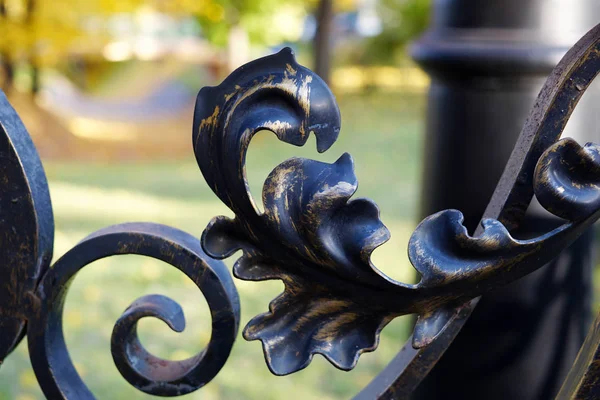 Çitin arkasında bir park, bir elektrik direği, bir köprü var. Metal çit ile güzel dövme bukleler ve şekiller. Scuffs ve metal çizikler vardır. Rusya, Moskova