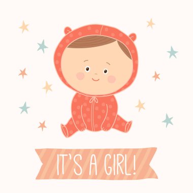 Bebek duş kartı kız bebek için. Şirin bebek kız oturuyor. Esmer bebek kız.