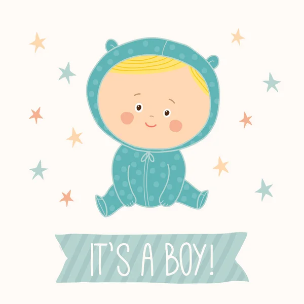 Baby shower card for baby boy. Cute baby boy sitting. Blond toddler boy. — Stockvector