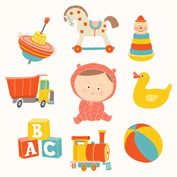Oyuncak bebek kız. Top, blok, lastik ördek, sallanan at, oyuncak tren, piramit, iplik üst, oyuncak kamyon.