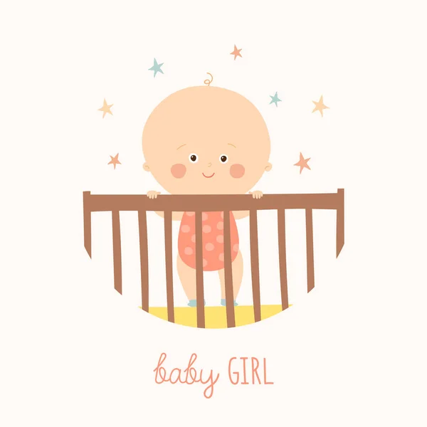 Cute Baby 1 year old standing in Crib. Baby shower design element. — Stockvector